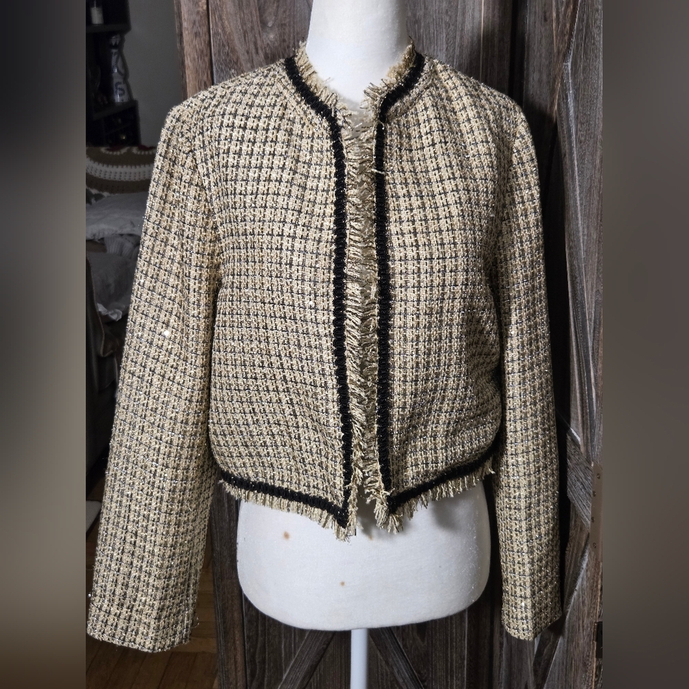 NWT Sundays Metallic tweed knit fringe open blazer.